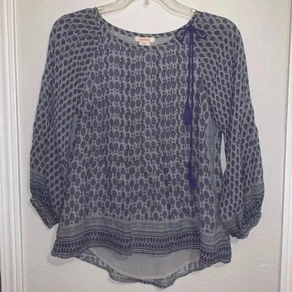 Sundance Boho 100% Silk Side Tassels Long Slevees Top
